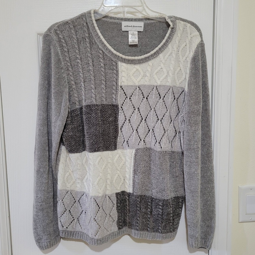 Womens Grey Patchwork Cable Knit Textured Chenille Sweater Size S